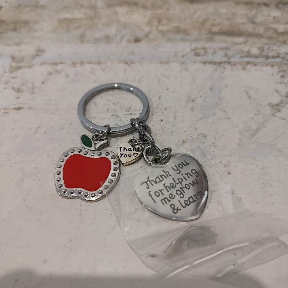 Silver Tone TEACHER Bag‎ Charm Key Ring Thank You For Helping Me Grow And Learn